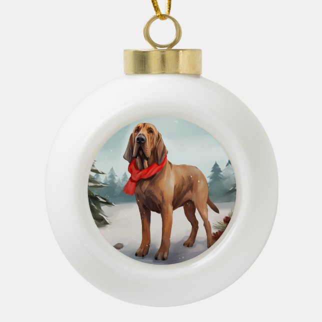 Bloodhound Hund im Schnee Weihnachten Keramik Kugel-Ornament (Vorderseite)