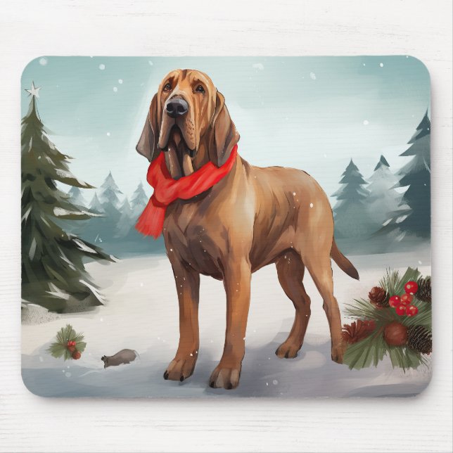 Bloodhound Hund im Schnee Weihnachten Mousepad (Vorne)