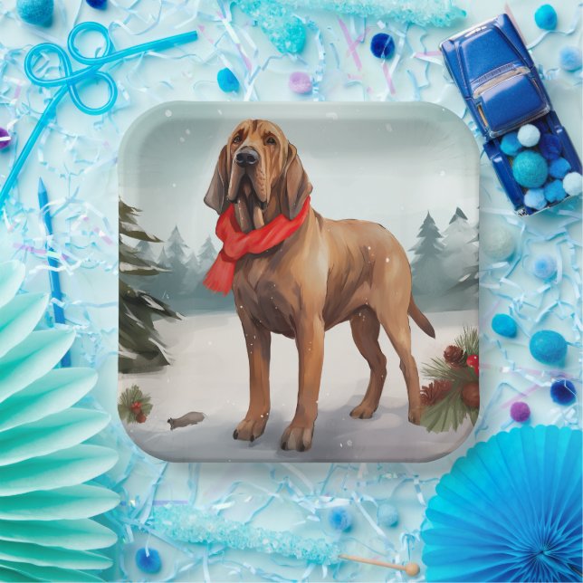 Bloodhound Hund im Schnee Weihnachten Pappteller (Party)