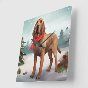 Bloodhound Hund im Schnee Weihnachten Quadratische Wanduhr