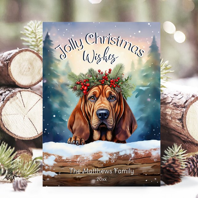 Bloodhound Hund in Snowy Forest Jolly Weihnachten (Adorable Winter Snowy Scene With Peeking Dogs or Farm/Woodland Animals - Over 50 to Choose From!)