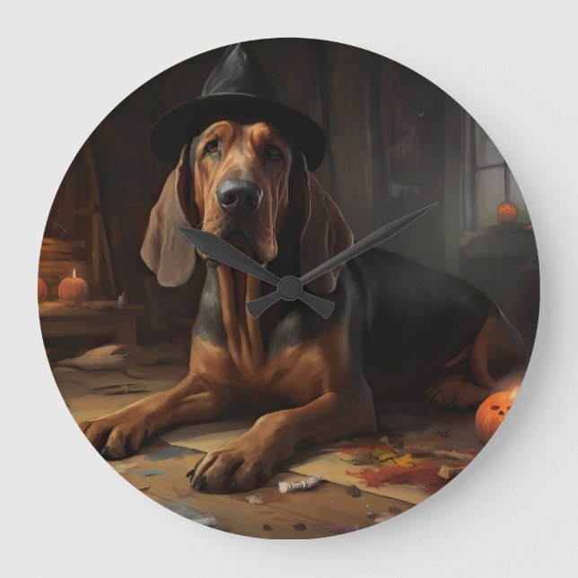 Bloodhound Pumpkins Halloween Beängstigend Große Wanduhr (Vorderseite)