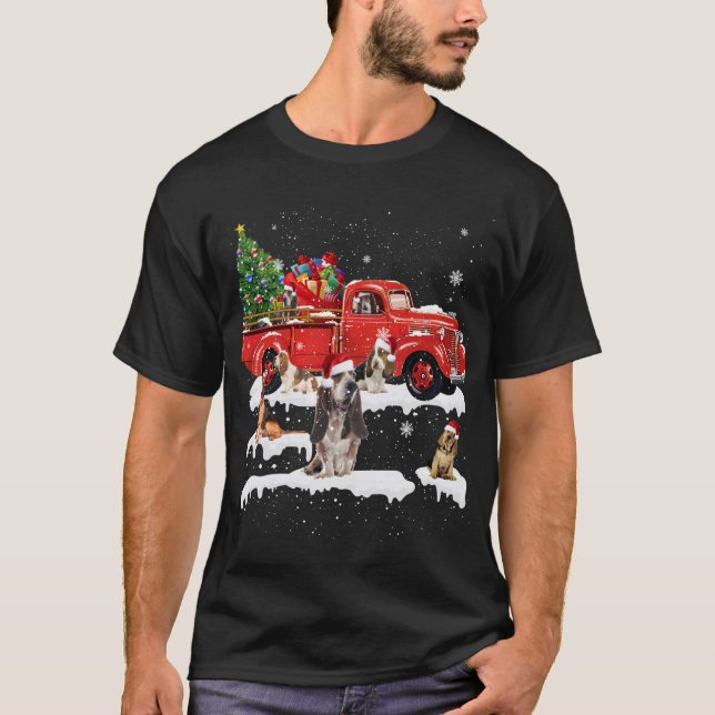 Bloodhound Riding Red Truck Frohe Weihnachten Weih T-Shirt (Vorderseite)