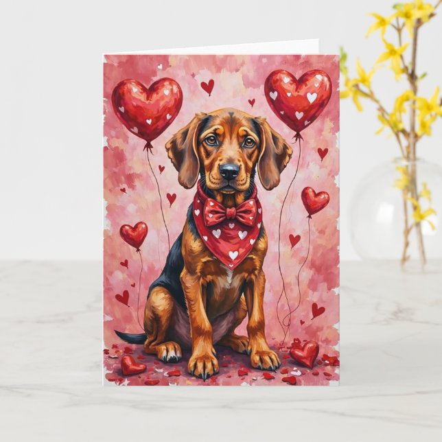 Bloodhound Valentine Dog Sitting with Hearts Red Karte (Gelbe Blume)