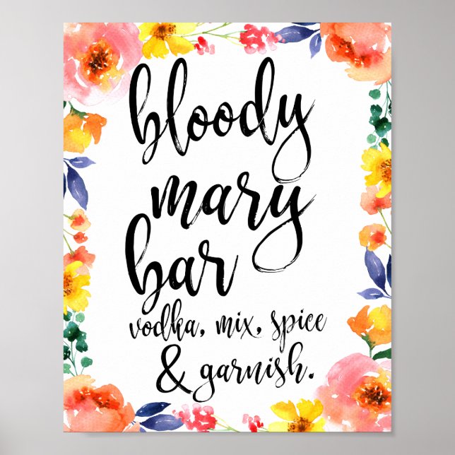 Bloody Mary Bar Floral Wasserfarbe 8x10 Zeichen Poster (Vorne)