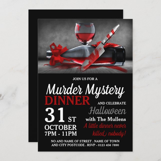 Bloody Scene, Murder Mystery Halloween Abendessen Einladung (Vorne/Hinten)