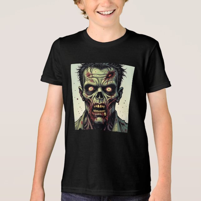 Bloody Zombie Face Comic Pop Art Halloween Tri-Blend Shirt (Vorderseite)