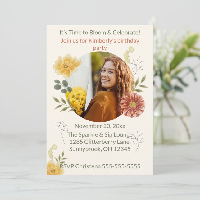 Bloom & Celebrate Floral Birthday Party Invitation Einladung (Stehend Vorderseite)