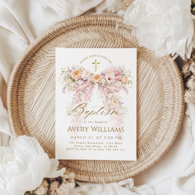 Bloom Floral Bow Girl Baptism Einladung (Von Creator hochgeladen)