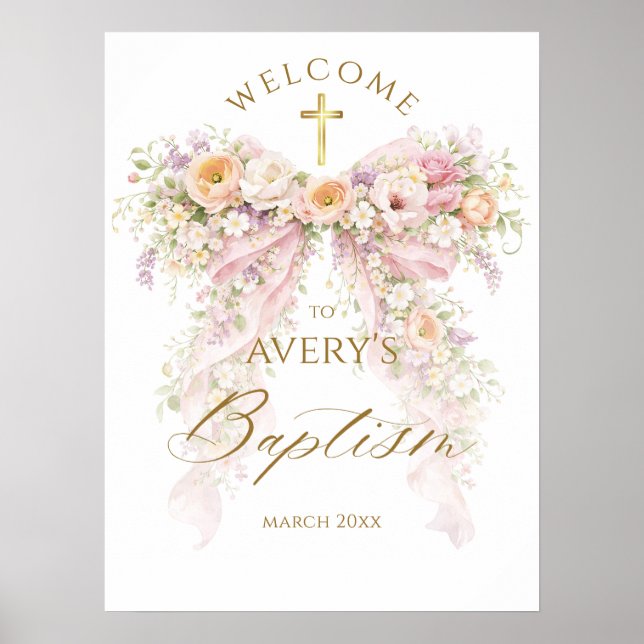 Bloom Floral Bow Girl Baptism Poster (Vorne)