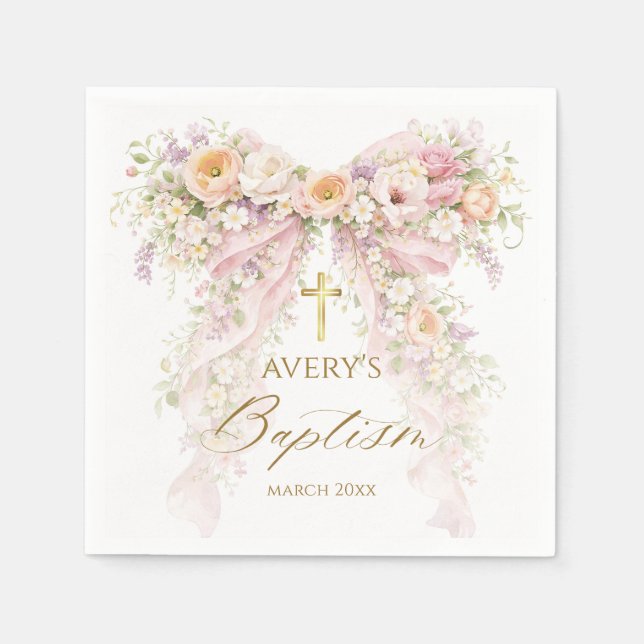 Bloom Floral Bow Girl Baptism Serviette (Vorderseite)