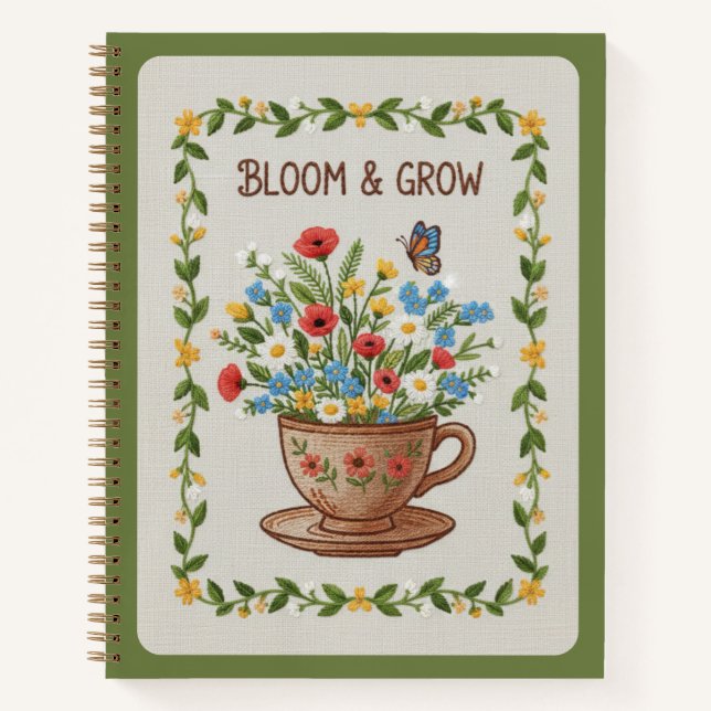 Bloom & Grow Embroidered Teacup Floral Journal Notizbuch (Vorderseite)