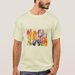 "BLOOM" ist eine Anordnung gemischter Blumen gegen T-Shirt