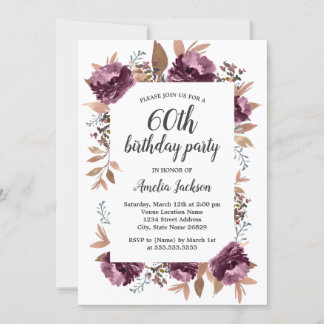 Bloom Lila Watercolor 60. Geburtstag Einladung