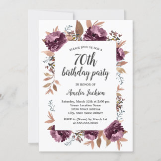 Bloom Lila Watercolor 70. Geburtstag Einladung