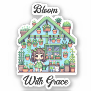 Bloom mit Grace   Kawaii Girl mit Pflanze Aufkleber