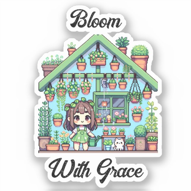 Bloom mit Grace | Kawaii Girl mit Pflanze Aufkleber (Vorderseite)