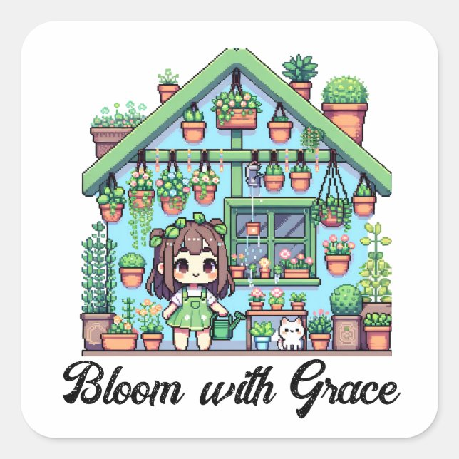 Bloom mit Grace | Kawaii Girl mit Pflanze Quadratischer Aufkleber (Vorderseite)
