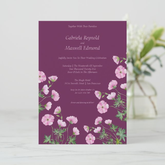 Bloom Simple Watercolor Geranium Wedding Einladung (Stehend Vorderseite)