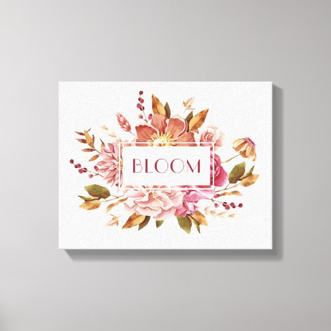 Bloom Typografie | Eleganter rosa Blumenstrauß Leinwanddruck (Vorderseite)