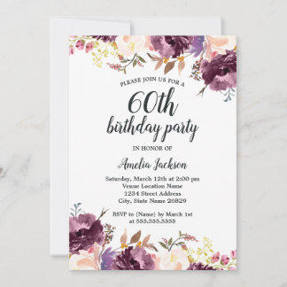 Bloom Watercolor Lila Floral 60. Geburtstagsparty Einladung
