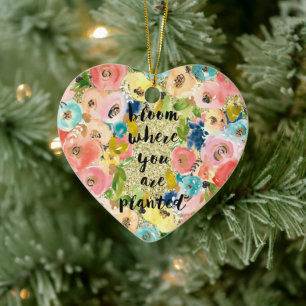 Bloom wo Sie gepflanzt Gold Glitzer Blüte Keramik Ornament