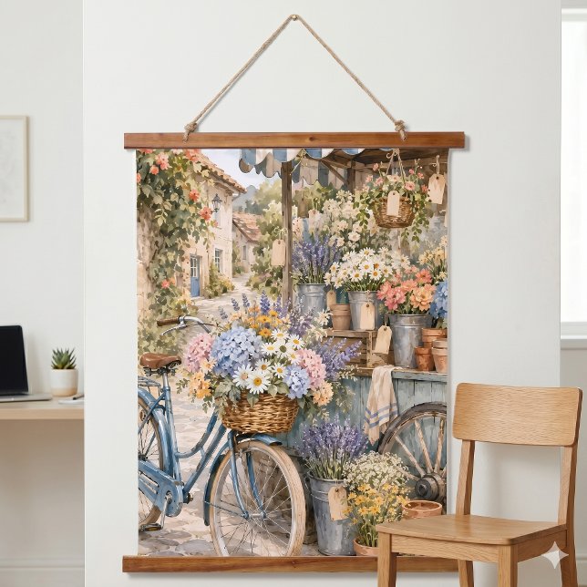 Bloomcore-Blumenmarkt-Fahrrad Wandteppich Mit Holzrahmen (Bloomcore Flower Market Bicycle Hanging Tapestry)
