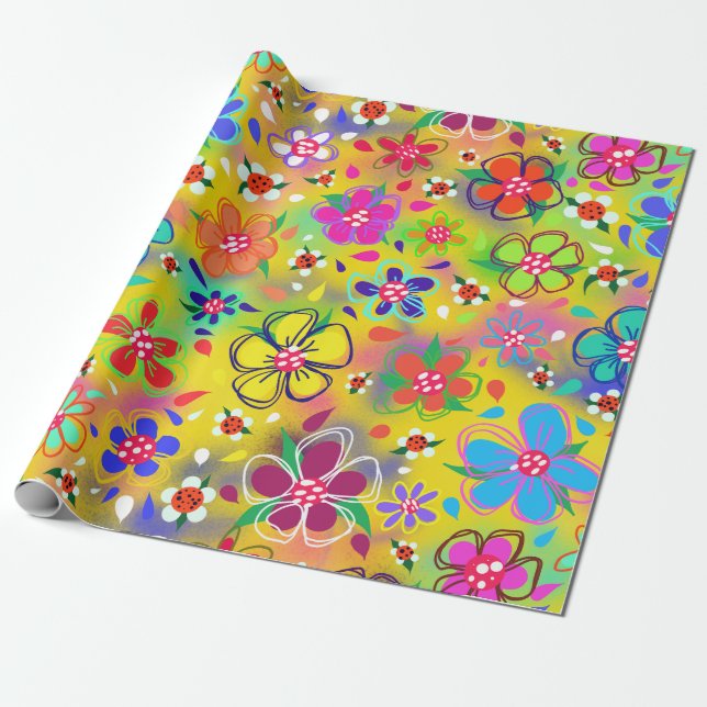 Blooming Boho Blume auf Gelb Niedlich Geschenkpapier (Ungerollt)