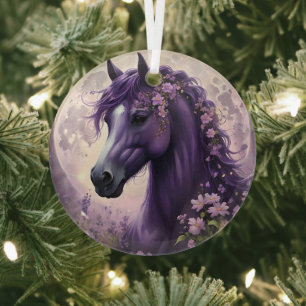 "Blooming Dreams: The Lila Floral Fantasy Horses" Ornament Aus Glas