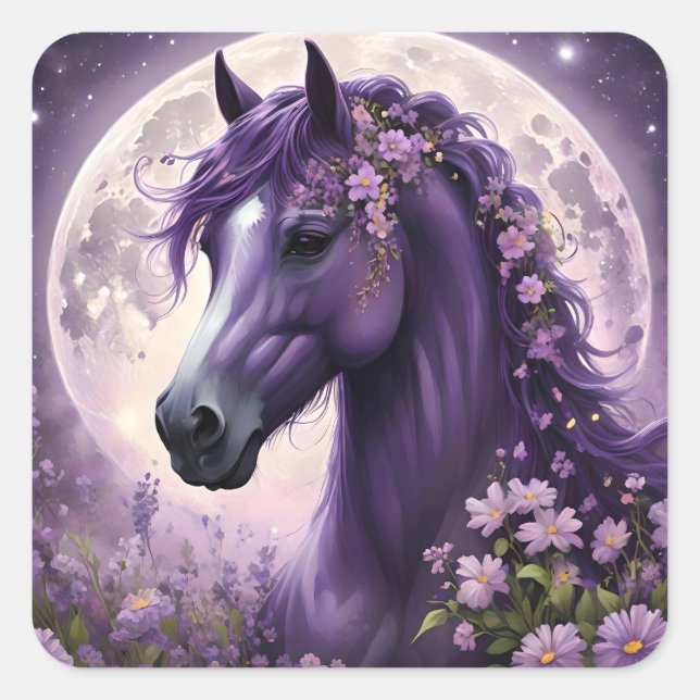 "Blooming Dreams: The Lila Floral Fantasy Horses" Quadratischer Aufkleber (Vorderseite)