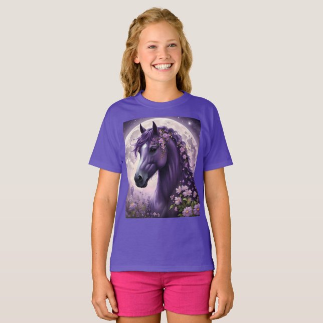 "Blooming Dreams: The Lila Floral Fantasy Horses" T-Shirt (Vorne ganz)