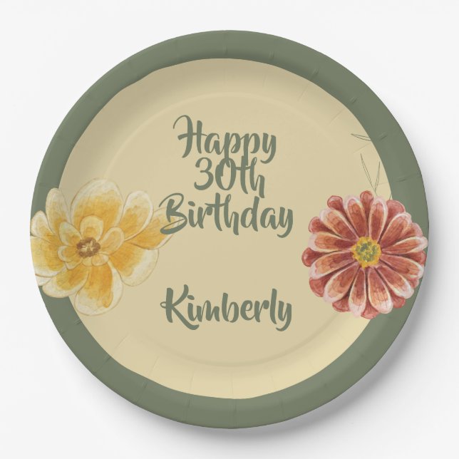 Blooming Florals Personalized Birthday Party Plate Pappteller (Vorderseite)