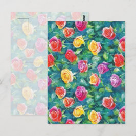 Blooming garden rose bush watercolor pattern postkarte