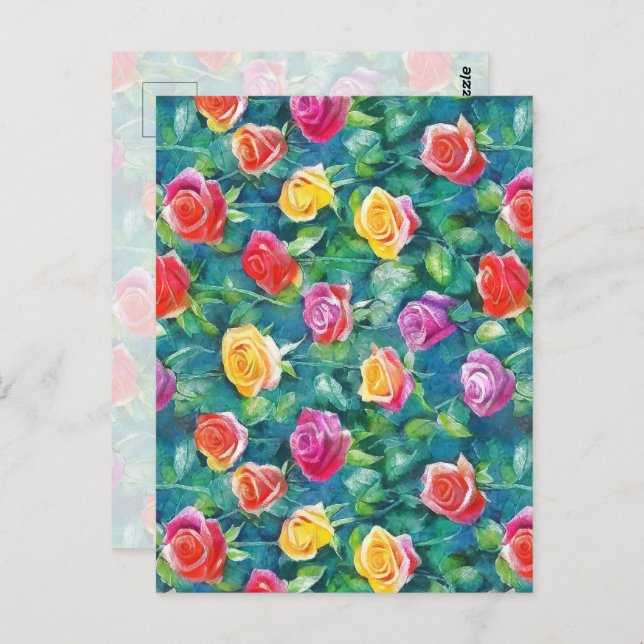 Blooming garden rose bush watercolor pattern postkarte (Vorne/Hinten)