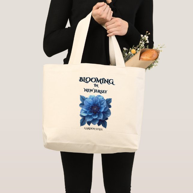  BLOOMING IN NJ, BLUE DAHLIA FLORAL TOTE BAG JUMBO STOFFBEUTEL (Vorderseite (Produkt))