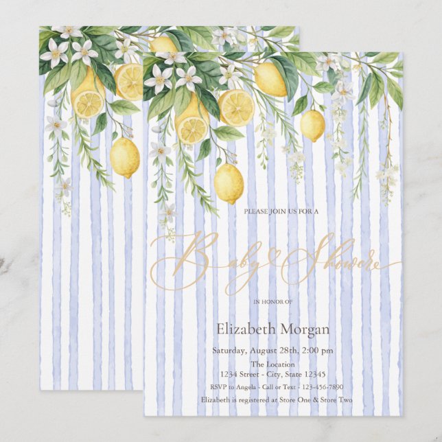  Blooming Lemons Blue Striped Baby Shower Einladung (Vorne/Hinten)