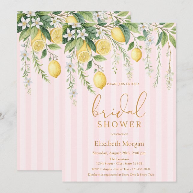  Blooming Lemons Pink Striped Bridal Shower Einladung (Vorne/Hinten)
