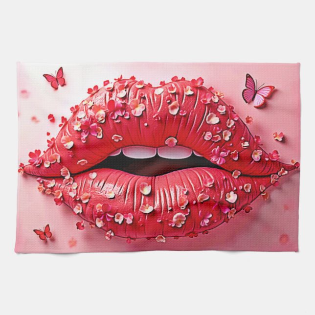 Blooming Lips: Floral Butterfly Kiss Geschirrtuch (Horizontal)