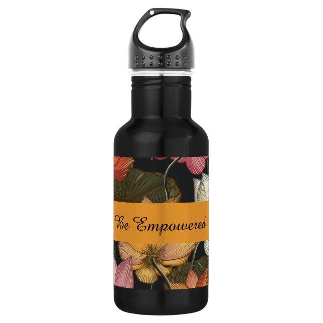 Blooming Lotus Water Lilies on Charcoal Black Stai Edelstahlflasche (Vorderseite)