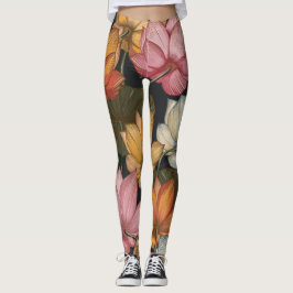 Blooming Lotus Water Lilies Pink Gelb auf schwarz Leggings