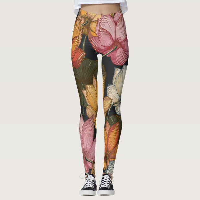 Blooming Lotus Water Lilies Pink Gelb auf schwarz Leggings (Vorderseite)