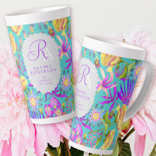 Blooming Mystical Floral Monogram Aquamarin Latte Milchtasse