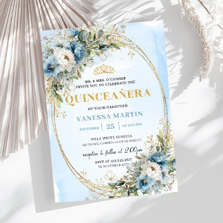 Blooming Pastel Blue Gold Eucalyptus Quinceañera  Einladung