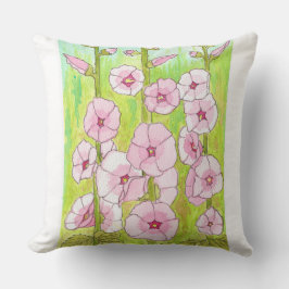 Blooming Pink Hollyhocks Watercolor Kissen