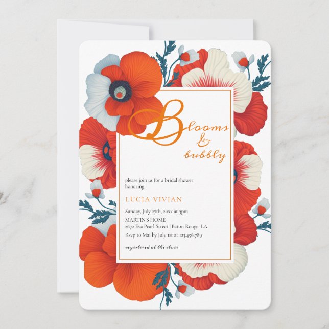 Blooms & Bubbly Bright Red Floral Brautparty Einladung (Vorderseite)