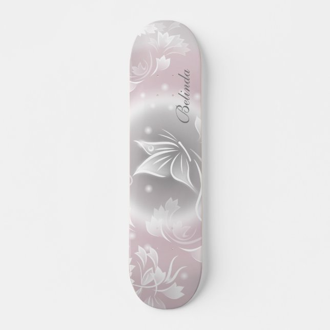 Bloral Blush Grau Schmetterling personalisieren Skateboard (Vorne)