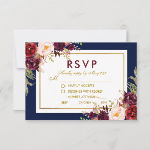Bloral Burgundy Blue Gold Wedding RSVP Karte