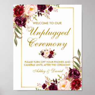 Bloral Burgundy Gold Wedding Zeremony Unplugged Poster