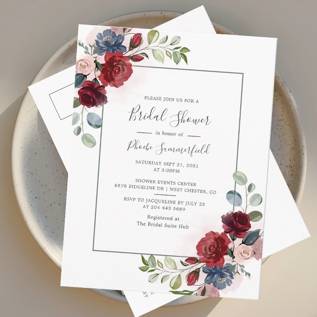 Bloral Burgundy Script Eukalyptus Brautparty Einladungspostkarte (Watercolor Floral Burgundy Bridal Shower Invitation Postcard)