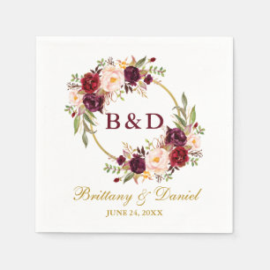 Bloral Burgundy Wreath Gold Monogram Wedding Serviette